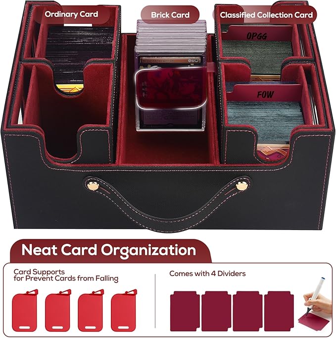 Trading Card Storage Box for MTG, card storage box with Commander Display，Multi-purpose Deck Case for MTG TCG Sports Card, 4 Toploaders, 4 Stoppers, 4 Colorful Dividers (Black & Red)