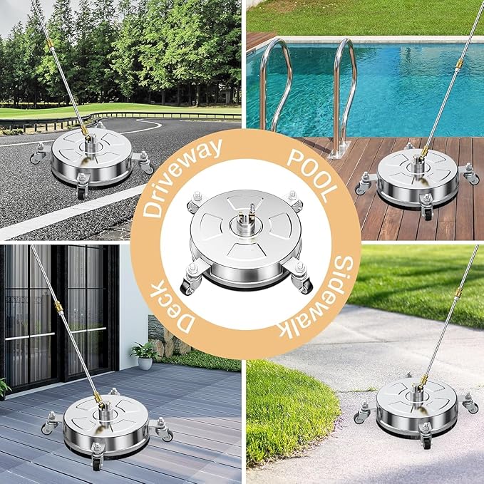 19" Pressure Washer Surface Cleaner with 4 Wheels, Stainless Steel Housing, 4000 PSI Max, 3 Connect Nozzles & 2 Extension Wands, Pressure Washer Surface Cleaner for Concrete, Patios, Sidewalks