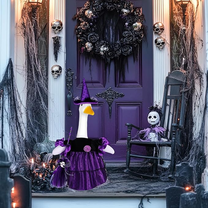 Halloween Goose Outfit Porch Witch Goose Clothes for 23'' Cement Plastic Geese Costume for Yard Lawn Outdoor Garden Patio Statue Holiday Decor