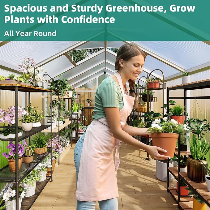 8x12 FT Greenhouse for Outdoors, Large Aluminum Greenhouses with Roof Vent and Quick Setup Structure, Greenhouse Heavy Duty with PC Panels, Walk-in Green Houses for Winter Garden,Backyard,Patio,Lawn