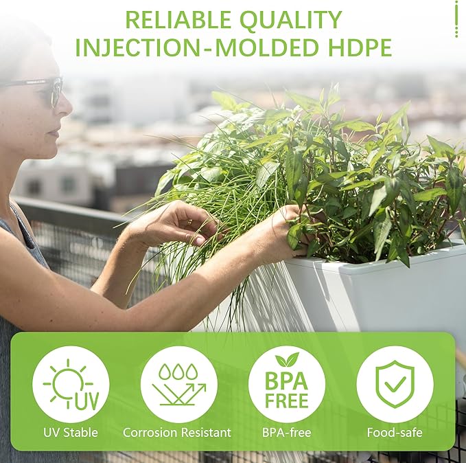 Glowpear Self Watering Railing Planter Box - 23.6", White - UV Stable, Scalable Plant Pot with Water Gauge, Indoor Outdoor for Vegetables, Flowers, Herbs, and Succulents