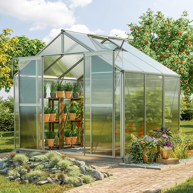 Greenhouse Topas 3 Aluminum Frame 7.4 x 6.4 ft Approx. 8 mm Polycarbonate Panels - with Bonus Base Frame and Automatic Vent Opener