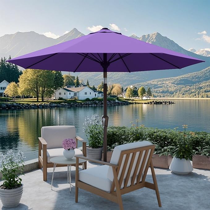 PatioKingdom Auto-Tilt 9FT Patio Umbrella Outdoor with 8 Sturdy Fiberglass Ribs,Market Table Umbrella for Pool,Backyard,Deck and Garden