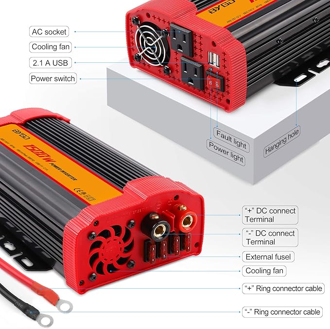 BYGD 1500W Power Inverter DC 12V to 110V AC Converter and Peak Power 3000W Car Inverter with 4.2A Dual USB Ports Quick Charging Car Charger, Solar Inverter ETL Listed