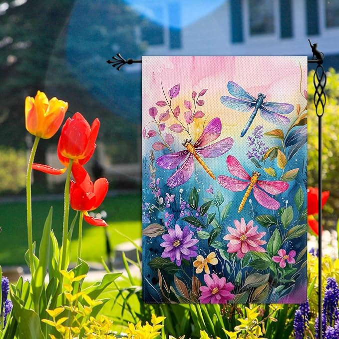 Colorful Spring Summer Dragonfly Garden Flag Floral Flowers Garden Flag Vertical Double Sided Rustic Farmland Burlap Yard Lawn Outdoor Decor 12.5x18"