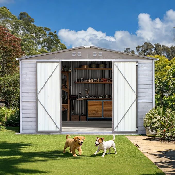 8x8FT Outdoor Storage Shed, Wood Garden Shed with Sloping Roof and Lockable Door,Tool Shed Bike Shed for Backyard Garden Patio Lawn,Gray