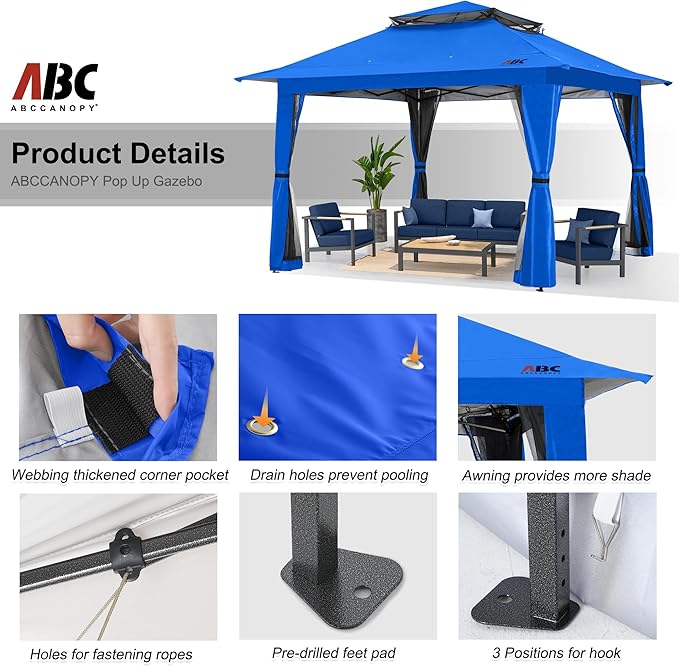 ABCCANOPY 13x13 Pop Up Gazebo, Outdoor Canopy Tent, Instant Screened Shelter with Mosquito Netting for Patio, Garden, Backyard, Party, Camping (Royal Blue)