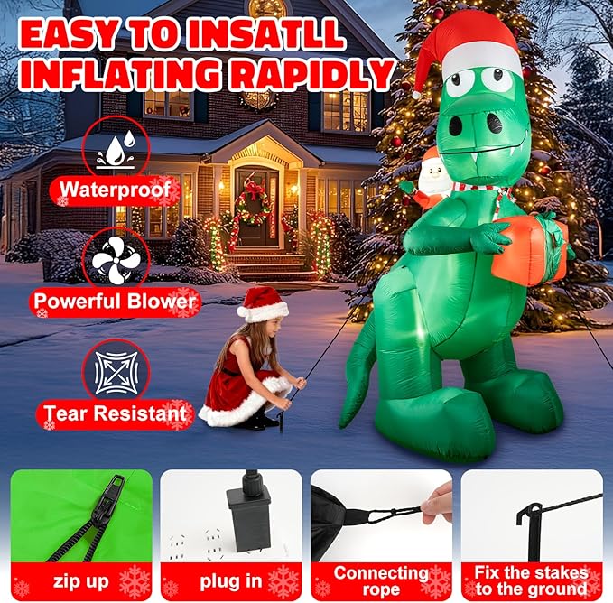 HFO 10ft Tall Christmas Inflatable Outdoor Decorations, Blow up Yard Decor with Santa Claus Rides a Dinosaur to Deliver Gifts, Bright LED Lights Christmas Outdoor Decorations