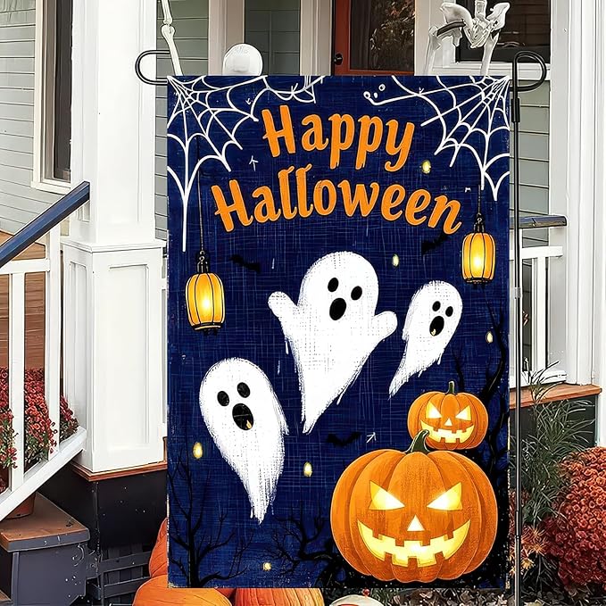 Garden Flags 12x18 Inch Halloween Ghost Pumpkin Banner Outdoor Scary Yard Sign Spooky Night Fall Lawn Porch Decor for Home Welcome Party Garden Flag