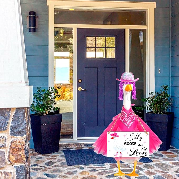 Cowboy Porch Goose Outfit Set for 23" Cement/Plastic Lawn Goose Statue - Silly Goose on The Loose Sign with Hat, Bandana, Lace Tutu Skirt Funny Wigs for Garden Party Yard Outdoor Decor