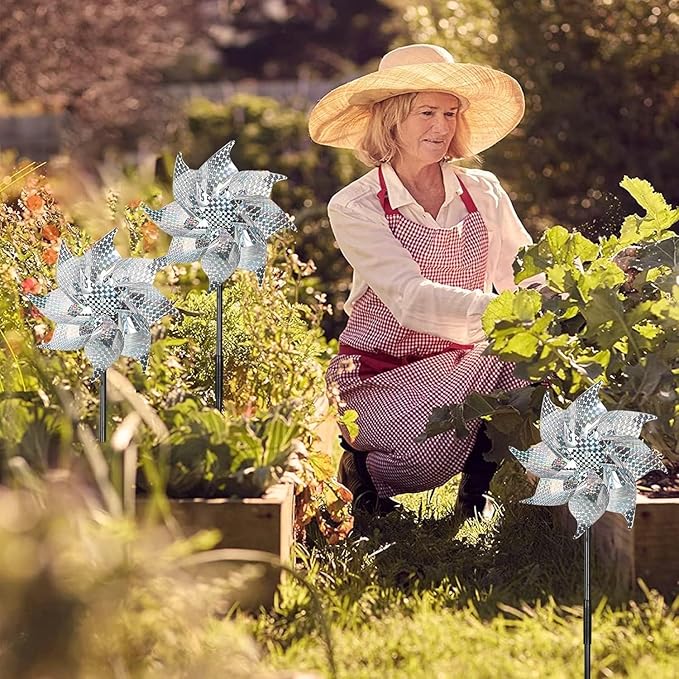 15 Pack Reflective Pinwheels with Stakes, 18.5" Plastic Bird Blinder Sparkly Pin Wheel Scare Birds and Animals Away Spinner Pinwheels for Lawn Yard Garden Farm