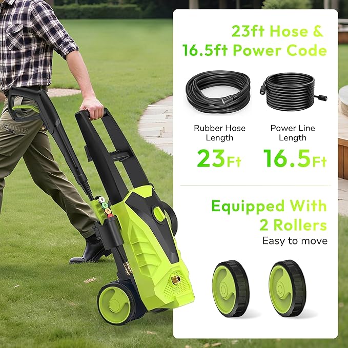 Pressure Washer Upgraded, 2100PSI, 26" Tall, 4 Quick Connect Nozzles,Inlet Hose&Filter, 6 Spray Modes for Cars/Fences/Driveways/Home Cleaning, Green