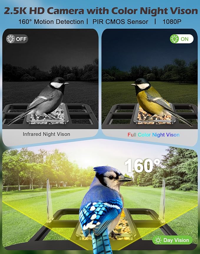 Smart Bird Feeder with Camera Solar Powered, 2.5K Live Video Bird House Camera, AI Identifies, Auto Capture & Notify, Motion Detection, Cloud Storage, Color Night Vision, Ideal Gift for Bird Watching