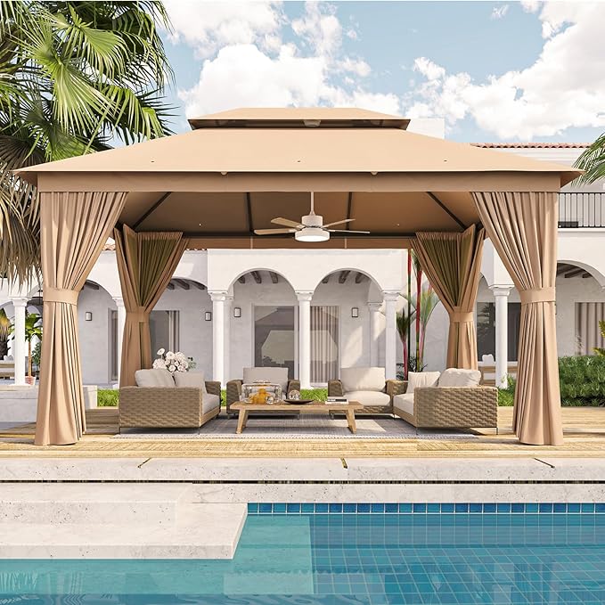 Outdoor Gazebo Metal Frame Patio Pergola Double Roofs Patio Canopy with Double-Layer Door and Mosquito Netting for Deck, Backyard, Lawn (Beige, 10x13FT)