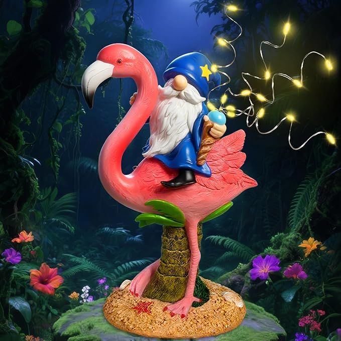 Funny Flamingo Gnome Solar Garden Statue with LED Light - Outdoor Yard Lawn Patio Decor - Great Birthday Housewarming Gift for Women, Mom, Grandma