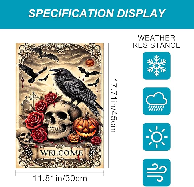 Halloween Garden Flag 12x18 Inch Gothic Skull Raven Flag Double Sided Spooky Yard Banner Pumpkin Bat Scene Outdoor Fall Decoration for Porch Lawn Patio Seasonal Welcome