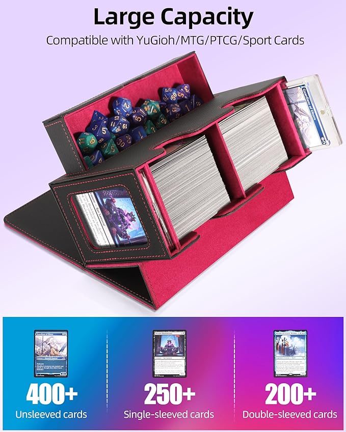 MTG Deck Box, MTG Commander Card Deck Box with Commander Display, Fits 250+ Single Sleeved, Double Card Storage Box with Dice Tray, Magnetic Card Storage Case for CCG TCG Sports Cards, Black Red