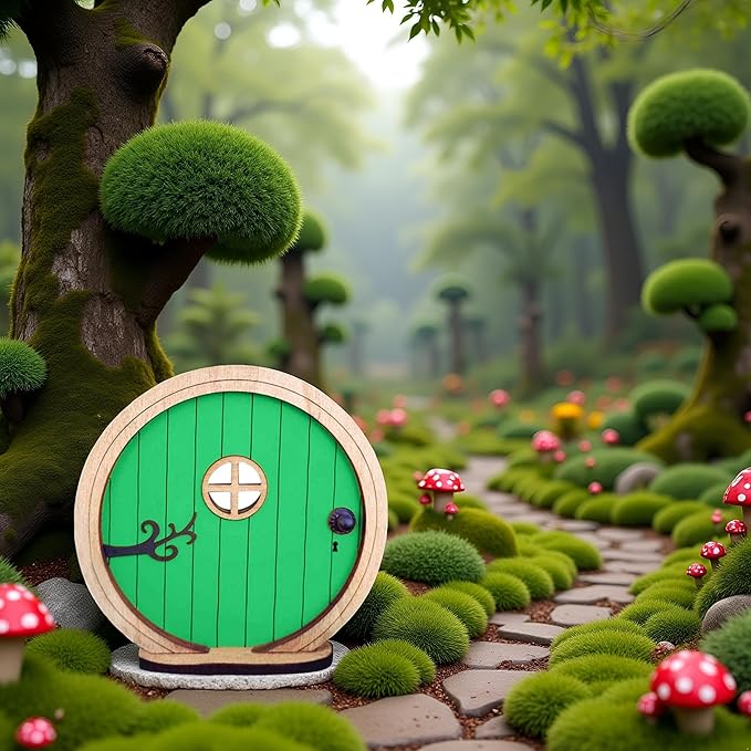 1Pc Fairy Garden Door for Tree, Fairys Doors for Trees Outdoor and Tree Trunk, Mini Fairy Garden Sculpture Lawn Ornament Decor, Fairys Tales Door Decoration，Gardens Miniatures (Green)