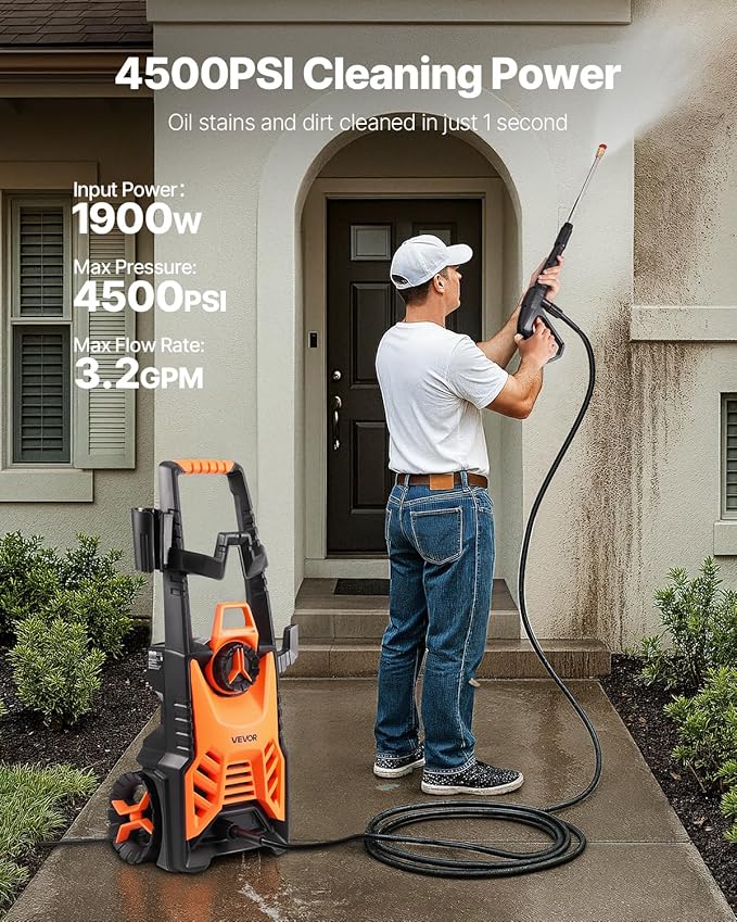 VEVOR Electric Pressure Washer, Max 4500 PSI and 3.2 GPM, High Power Pressure Cleaning Machine with 4 Quick Connect Nozzles and a Foam Cannon, Ideal for Cars/Fences/Driveways/Patios/Home Cleaning