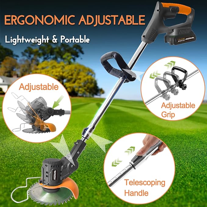 Stringless Weed Wacker Electric, 21V Battery Powered Weed Eater with 2 * 2.0Ah Battery, Charger & 5 Types Blade Lightweight Grass Trimmer for Garden Yard Lawn Work