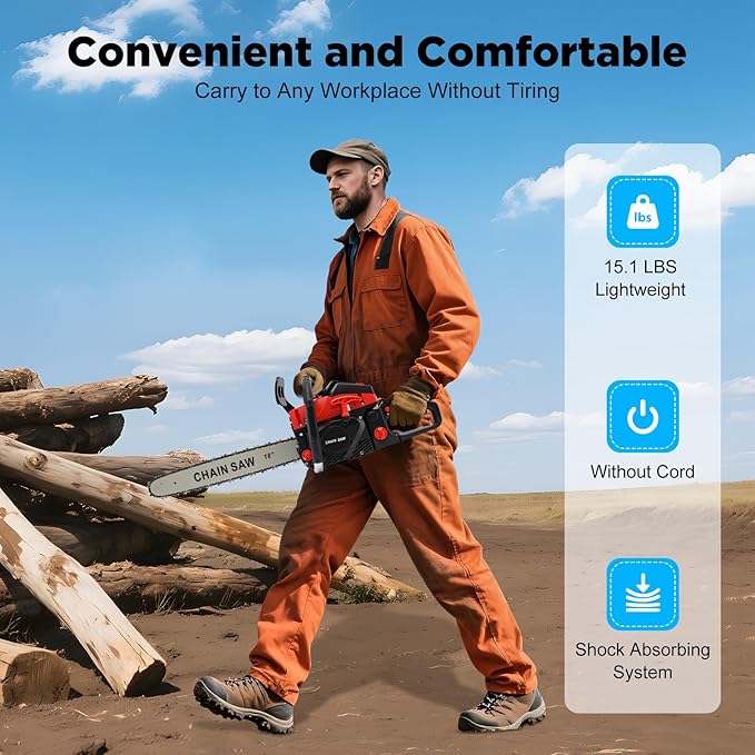 Gas Chainsaw, 2Stroke/4Stroke Gasoline Chainsaw Power Chain Saws Handheld Cordless Petrol Chainsaws For Wood Cutting Forest Felling Tree Pruning Shrub Pruning (2Stroke 18In 2200W 58CC)