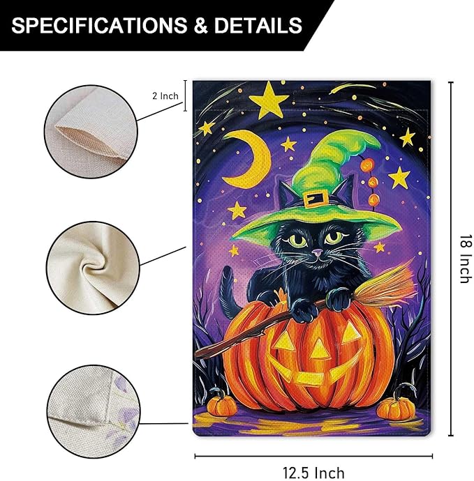 Happy Halloween Garden Flag Black Witch Cat Flag Moonlight Ghost Pumpkin Vertical Double Sided Rustic Farmland Burlap Yard Lawn Outdoor Decor 12.5x18"