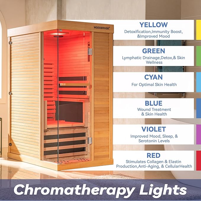 Woodbridge Infrared Home Sauna Room 1 Person Hemlock Wooden Indoor Sauna,7 Carbon 1560W/120V Heaters,with Led Color Therapy Light,Bluetooth Speaker,Tempered Glass,Touch-Tone Keypad and A Top Vent