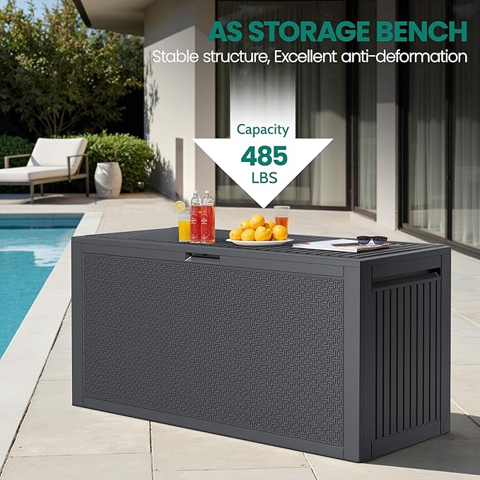 90 Gallon Outdoor Deck Box, Waterproof Outdoor Deck Box, Durable Resin Bin for Patio Cushions, Garden Tools and Pool Accessories, Lockable with UV Protection, Dark Gray, Patio Furniture
