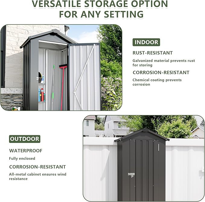 KEIKI Outdoor Metal Storage Shed 2.5' x 1.4', Lockable Tool Cabinet with Sloping Roof, Small Vertical Garden Storage for Backyard, Patio, Lawn, Black