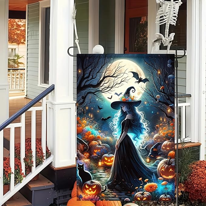 Halloween Witch Garden Flags,Witch Best Friend Black Cat Halloween Yard Flag,Holiday Patio Yard Outdoor Party Decor 12x18 Inch Double Sided