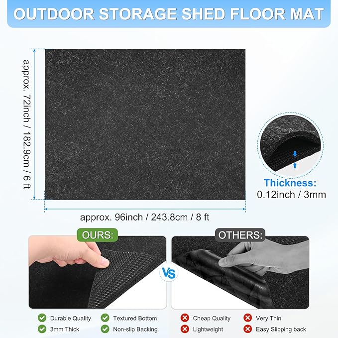 3 mm Thickened Outdoor Storage Shed Mat, 6x8 ft Waterproof Shed Flooring Mat for Patio Furniture Floor Protecting from Wear/Liquid/Dust/Oil, Non-Slip Felt Rubber Rug Pad [Grey]