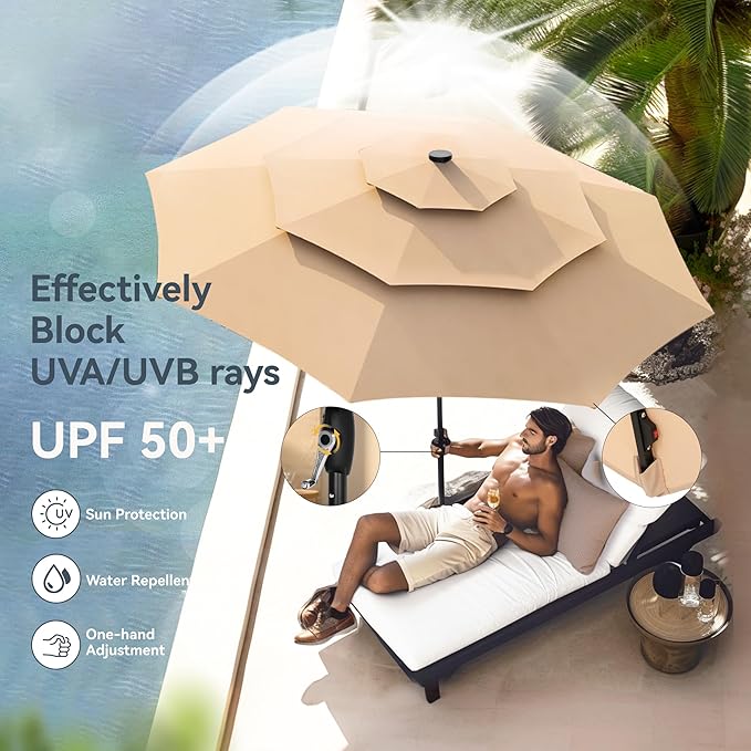 PHI VILLA 10ft Patio Umbrella with Solar Lights, Outdoor 3 Tier Vented Large Market Table Umbrella with 8 Sturdy Ribs and 1.5" Umbrellla Pole for Lawn Poolside Garden Terrace, Beige