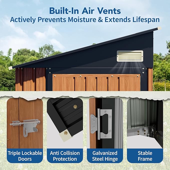 8x4 Ft Outdoor Metal Shed, Storage Shed with Triple Lockable Doors, Front & Side Door for Easy Access, Large Garden Tool Shed for Backyard, Patio, Lawn & Utility Storage