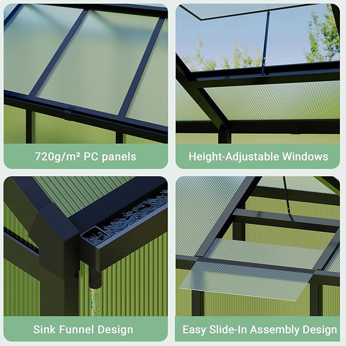 6x10 FT Greenhouse for Outdoors, Polycarbonate Greenhouse with Roof Vent, Ground Nails, Lockable Push Door, Aluminum Large Walk-in Green House for Outside Garden Backyard, Patio, Lawn, Black