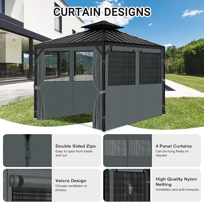 Gazebo Privacy Curtain 10'x10', Replacement Curtains with Mosquito Net Windows, 4-Panels Side Wall, Zippers, Waterproof Outdoor Curtains for Patio, Canopy, Garden and Backyard, Gray (Curtain Only)