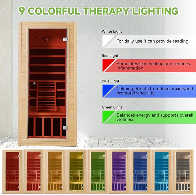 Real Relax Infrared Home Sauna, 1 Person Canadian Hemlock Wood Indoor Dry Saunas with Red Low Emf Light Therapy, Bluetooth Speakers, 9-Color Chromotherapy Lights, 110v for Personal Spa