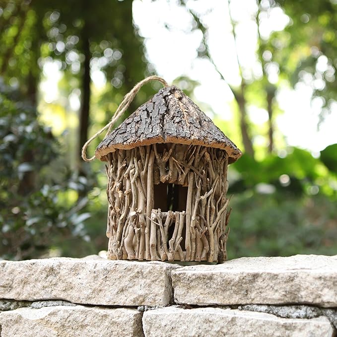 Twig-Covered Cylinder Birdhouse, 2.4" Entry for Medium Birds, Natural Branch Exterior & Waterproof Interior, Woodland Garden Backyard Decor