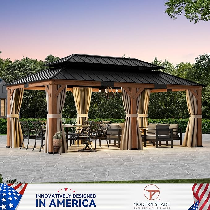 Modern Shade Rosewood Wood Gazebo 12' x 20', Cedar Framed Grill Gazebo with Double Galvanized Steel Roof, Mosquito Netting and Curtains, Permanent Hardtop with Sturdy Hooks for Garden, Backyard, Patio
