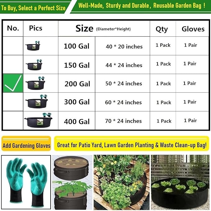 200 Gallon Large Raised Garden Bed Bag (50x24 inch) Big Garden Bag Sturdy Plant Grow Bag for Tomato,Potato Planter,Herb Veggies Planter Bag,Flower Bed,Yard Waste Bag,Lawn Debris Bag,Leaf Bag W/ Gloves
