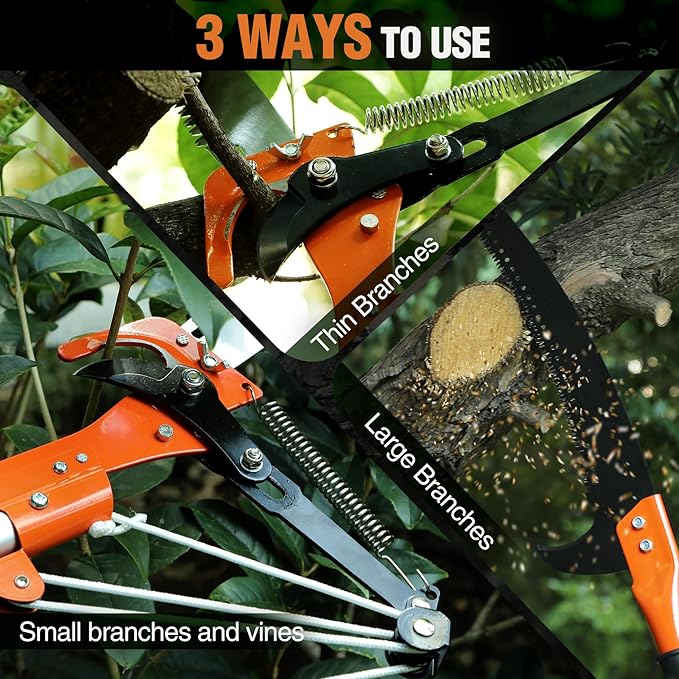 Lineslife Manual Pole Saw, 27ft Extendable Tree Pruner, Sharp Steel Blade and Scissors High Branches Trimming, Branch Trimmer for Pruning Palms and Shrubs
