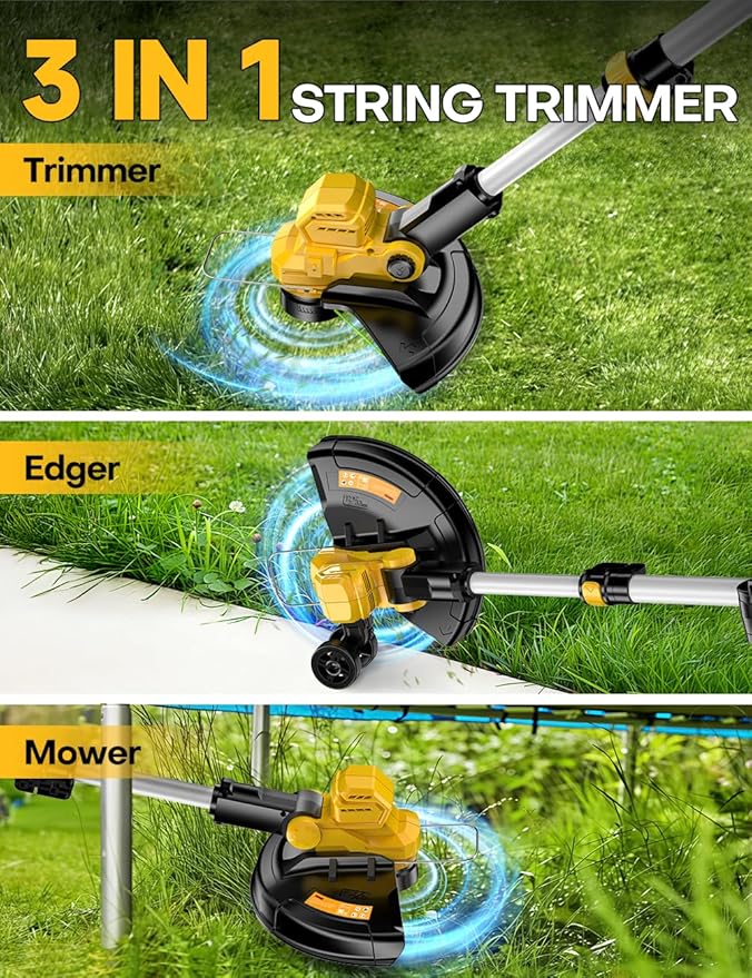 Cordless Weed Wacker, for Dewalt 20V Battery, 3 in 1 Battery Powered Weed Eater & Edger & Mower with Auto Line Feed, 20000 RPM 12 Inch Brushless Grass Trimmer, 6 Line Spools String Trimmer for Lawn