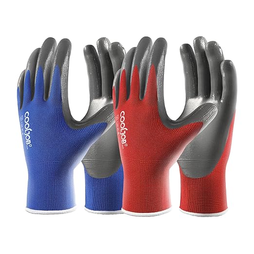 COOLJOB 10 Pairs Nitrile Dipped Safety Work Gloves with Grip, Non-slip Rubber Coated Bulk Garden Gloves for Men, Heavy-duty Oil Resistant for Truck Driver, Warehouse Box Handler, Small, Red Blue
