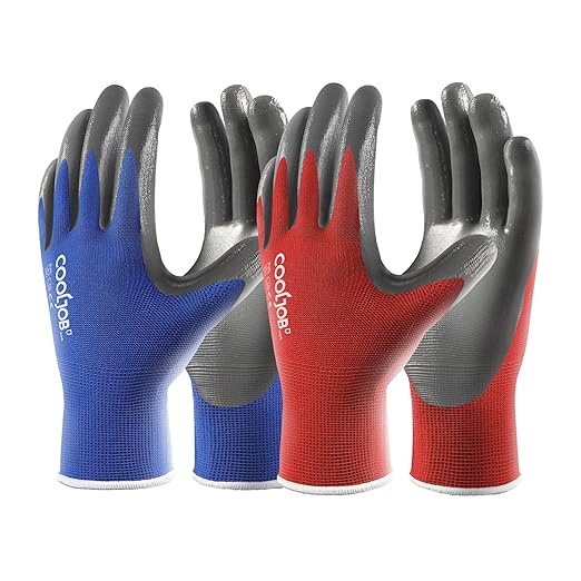 COOLJOB 10 Pairs Nitrile Dipped Safety Work Gloves with Grip, Non-slip Rubber Coated Bulk Garden Gloves for Men, Heavy-duty Oil Resistant for Truck Driver, Warehouse Box Handler, Large, Red Blue