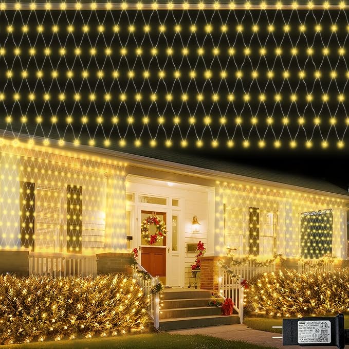 Christmas Net Lights, 610 LED Large Outdoor Net Mesh Lights 34.5X 5ft, 8 Modes Waterproof Twinkle String Lights Connectable for Bushes Halloween Yard Decor, Warm White