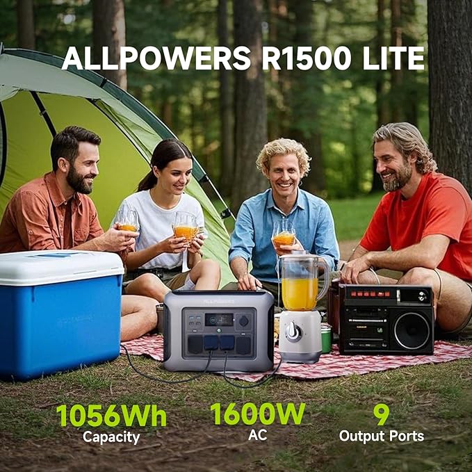 ALLPOWERS R1500 LITE 1600W/1056Wh & 3500+ Cycle LiFePO4 Battery with 4xAC Outlets, 650W MPPT, and UPS <15ms for Home, RV, Outdoor. (R1500 LITE+SP037-400W)