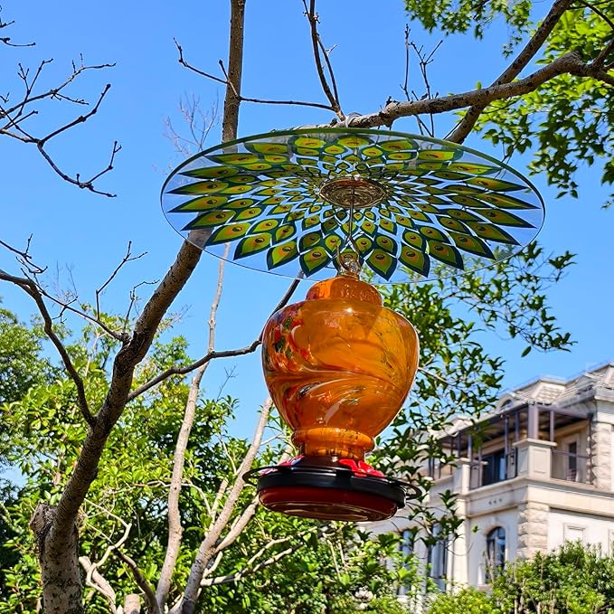 13" Glass Rain Cover for Bird Feeder Outdoors - Pack of 2PC X Baffle on Shepherd Pole/Post or S Hook Hanging - Large Weather Guard Protective Dome - Dia. 33CM - Peacock Feather