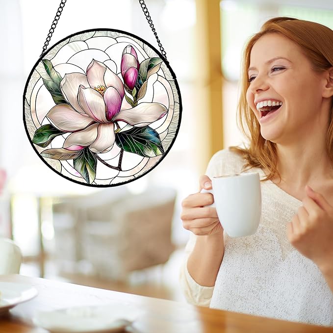 Stained Glass Window Hanging - Pink Magnolia Flower Petal Suncatcher for Doors Window Home Sun Catchers Decor Christmas Mother's Day Birthday Gifts for Teacher Women Men Mom Nana 14.9 in