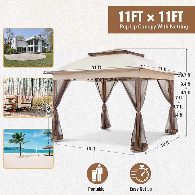 11x11 Outdoor Pop up Gazebo Tent with Mesh Walls for Patio, Lawn, Backyard and Deck, Beige