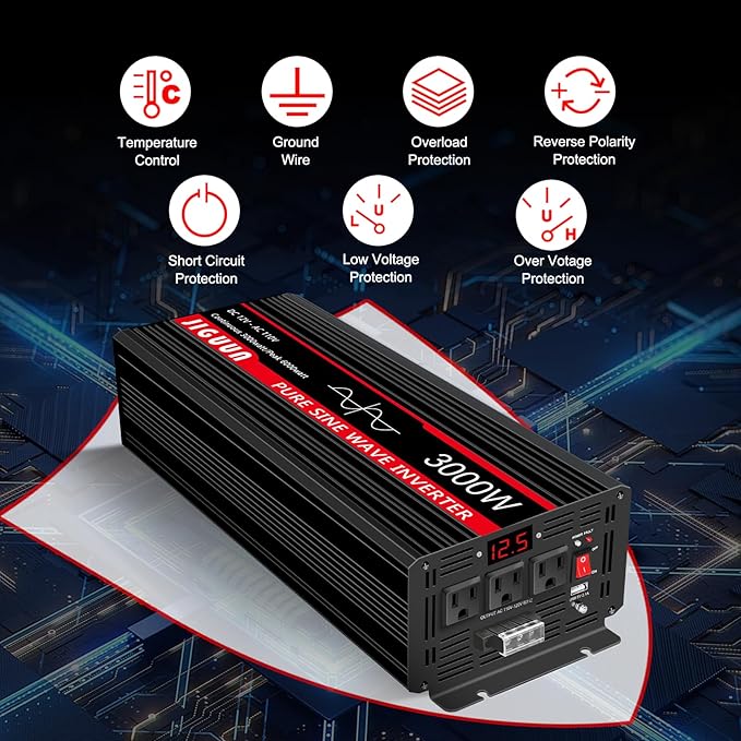 JIGUUN 3000 Watt Pure Sine Wave Inverter, Power Converter 12V DC to 110v/120v AC, Car Inverter with 4 AC Outlets& USB Port Remote Control for RV Camping Truck.