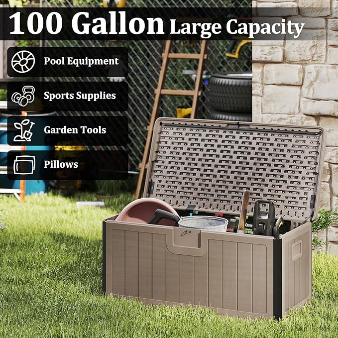 Tangkula 100 Gallon Outdoor Storage Box, Resin Outdoor Storage Bench with Lockable Lid, Waterproof Deck Box for Garden Tools, Pool Accessories, Cushions